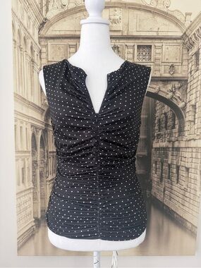 NWOT Sleeveless Black Polka Dot Ruched V-Neck Top